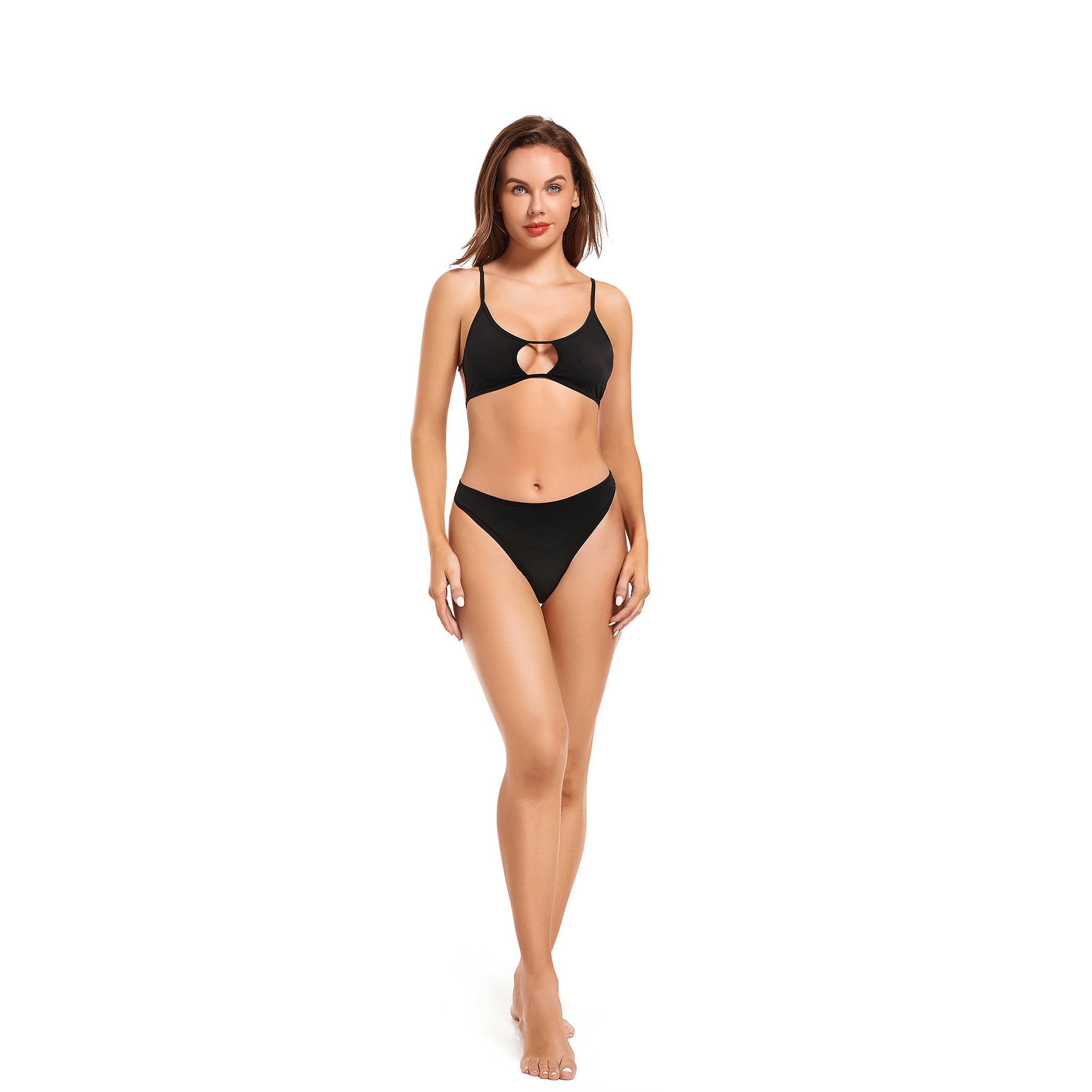 Tan Through Bikini Set - Minimise Tan Lines UV-Permeable Swimsuit - Two Piece Keyhole Spaghetti Strap Fixed Bottom Bathing Suit, Onyx Black