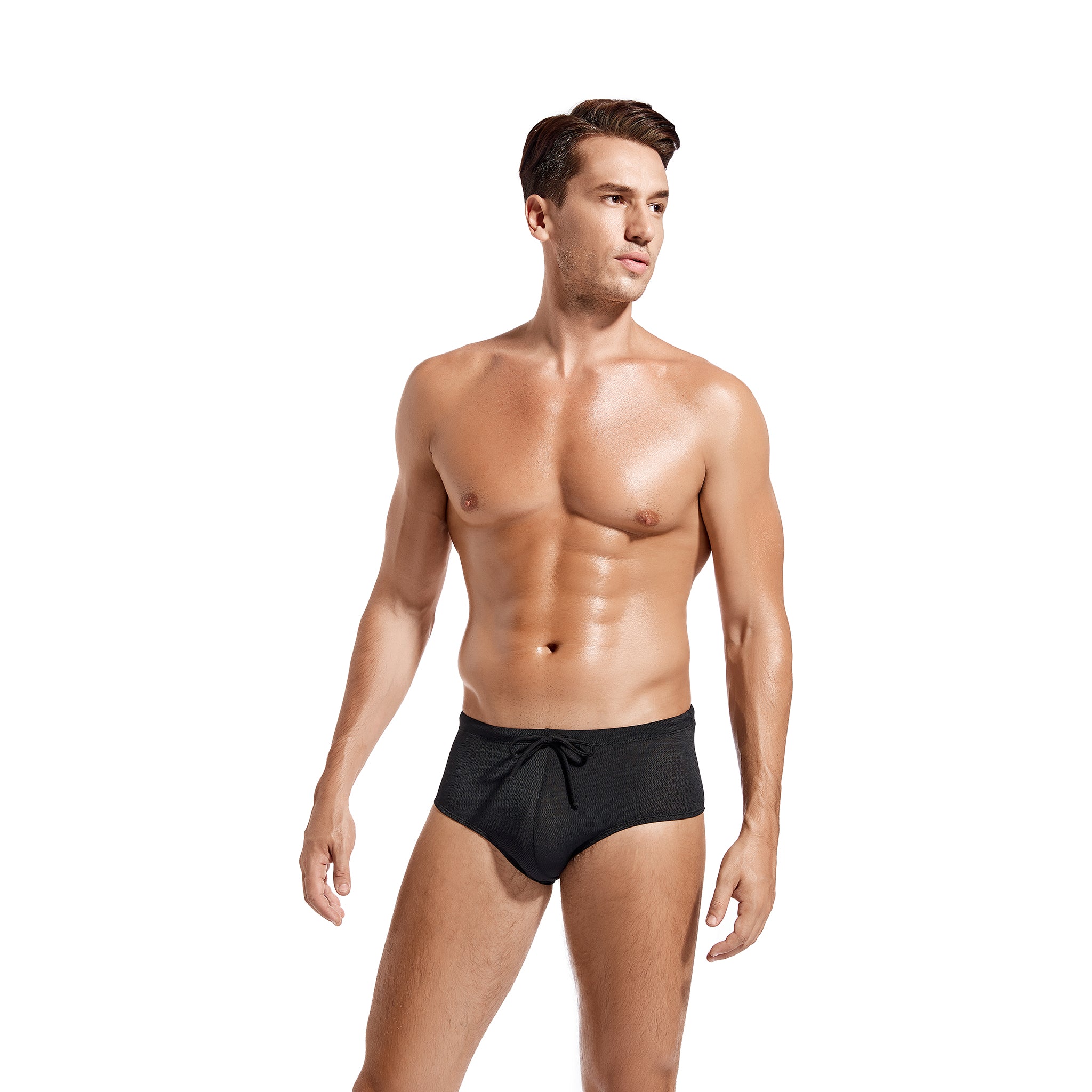 Men's Tan Through Swim Briefs - Sun-Permeable Mesh Swimwear - Breathable Quick-Dry Bikini Trunks with Adjustable Drawstring, Midnight Black