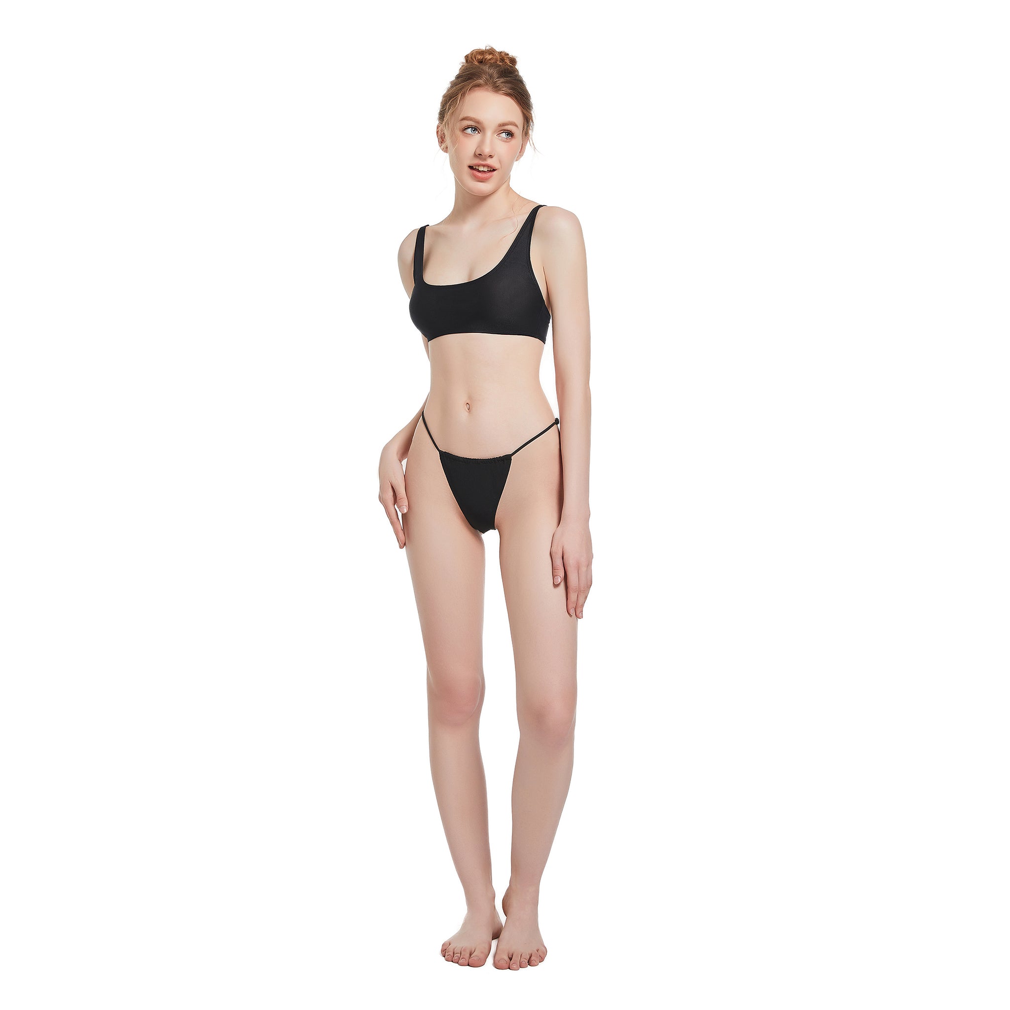 Two Piece Tan Through Bikini Set - Minimise Tan Lines UV-Permeable Swimsuit - Adjustable Fixed Strap Sporty Triangle Bathing Suit, Onyx Black