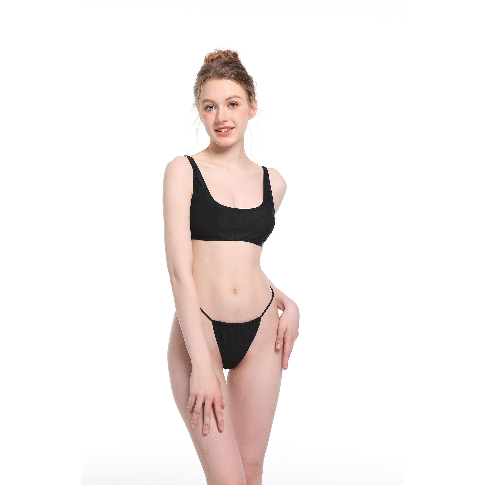 Two Piece Tan Through Bikini Set - Minimise Tan Lines UV-Permeable Swimsuit - Adjustable Fixed Strap Sporty Triangle Bathing Suit, Onyx Black