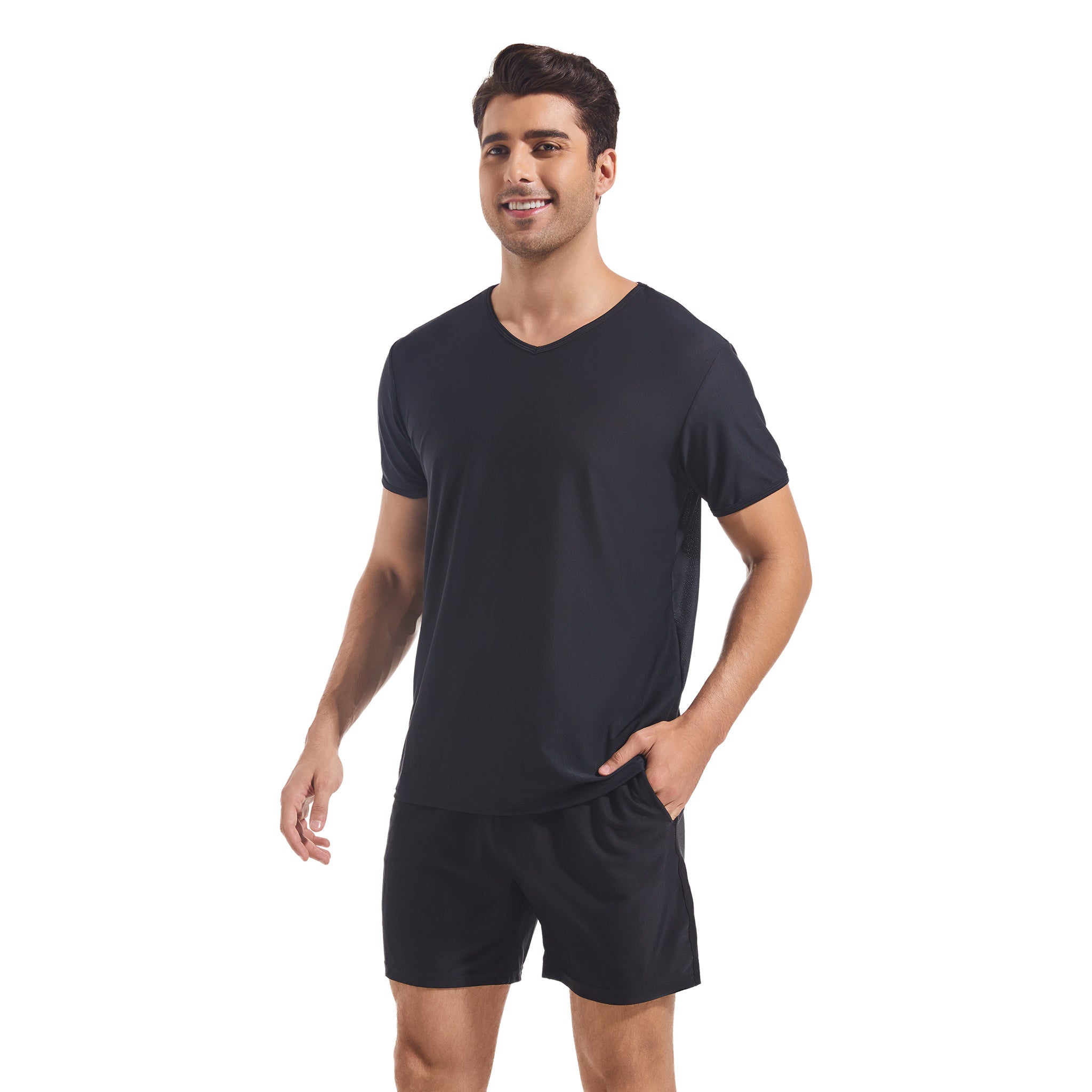 Men's Tan Through Black Round Neck T-shirt & Shorts - Sun-Permeable Minimise Tan Lines Mesh Gym & Beach Wear Set Male Poolside Sportswear Pocketed