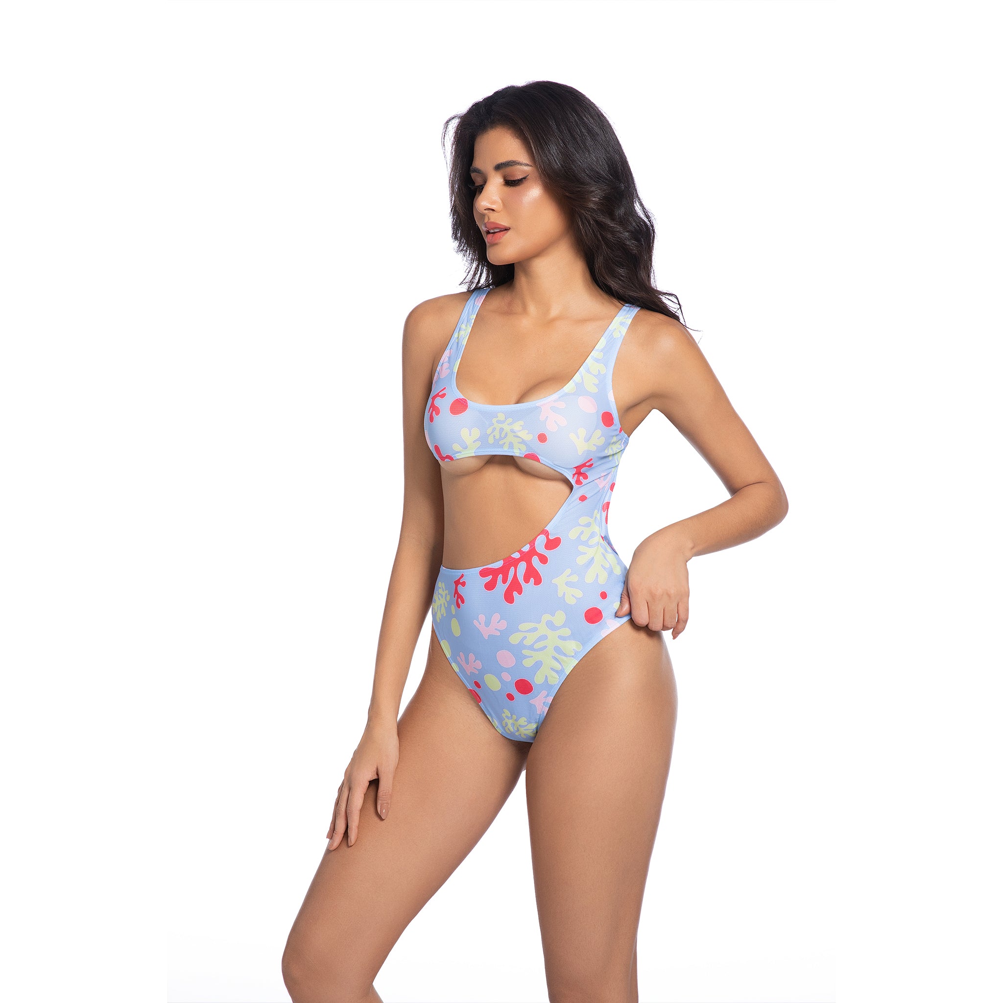 One Piece Swimsuit for Women Coral Print Patterned - Minimise Tan Lines Tan Through Asymmetrical Cutout Monokini - Female High-Cut Cheeky Ribbed Bathing Suit Woman's Beachwear