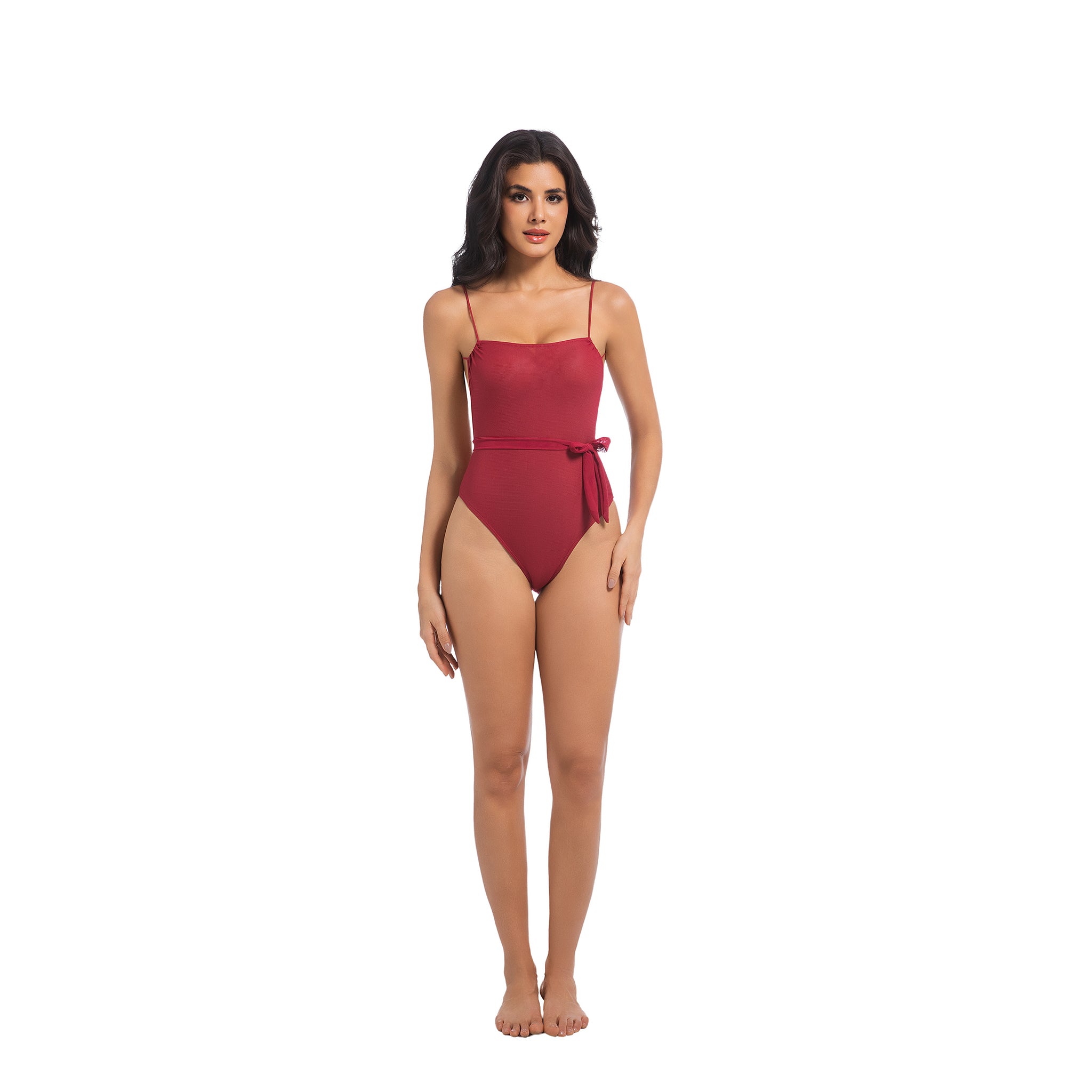 Women's Cherry Red Tan Through One Piece Swimsuit - Waist Tie Cinched Bathing Suit - Minimise Tan Lines UV Permeable Woman Lace-up Back Ribbed Swimwear