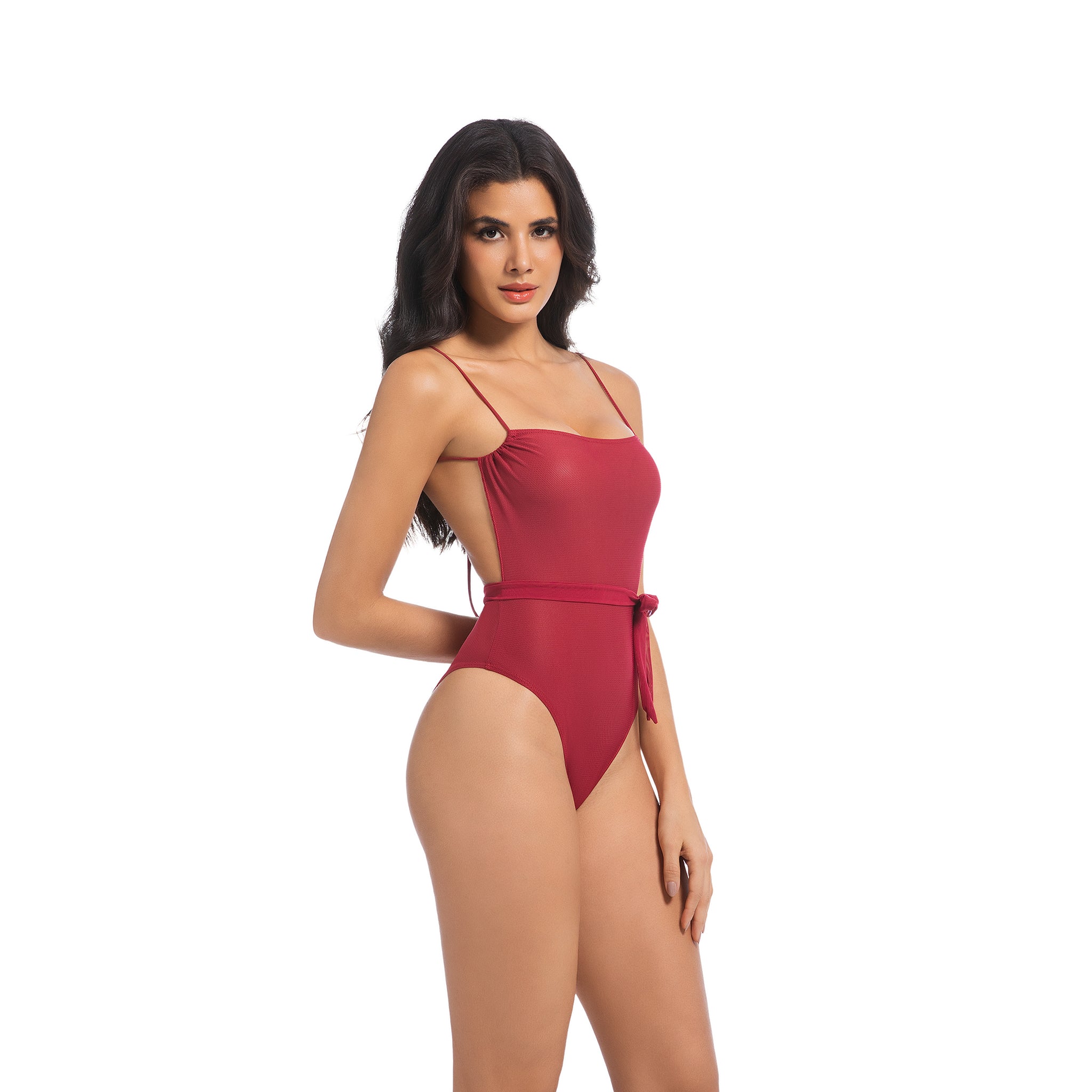 Women's Cherry Red Tan Through One Piece Swimsuit - Waist Tie Cinched Bathing Suit - Minimise Tan Lines UV Permeable Woman Lace-up Back Ribbed Swimwear
