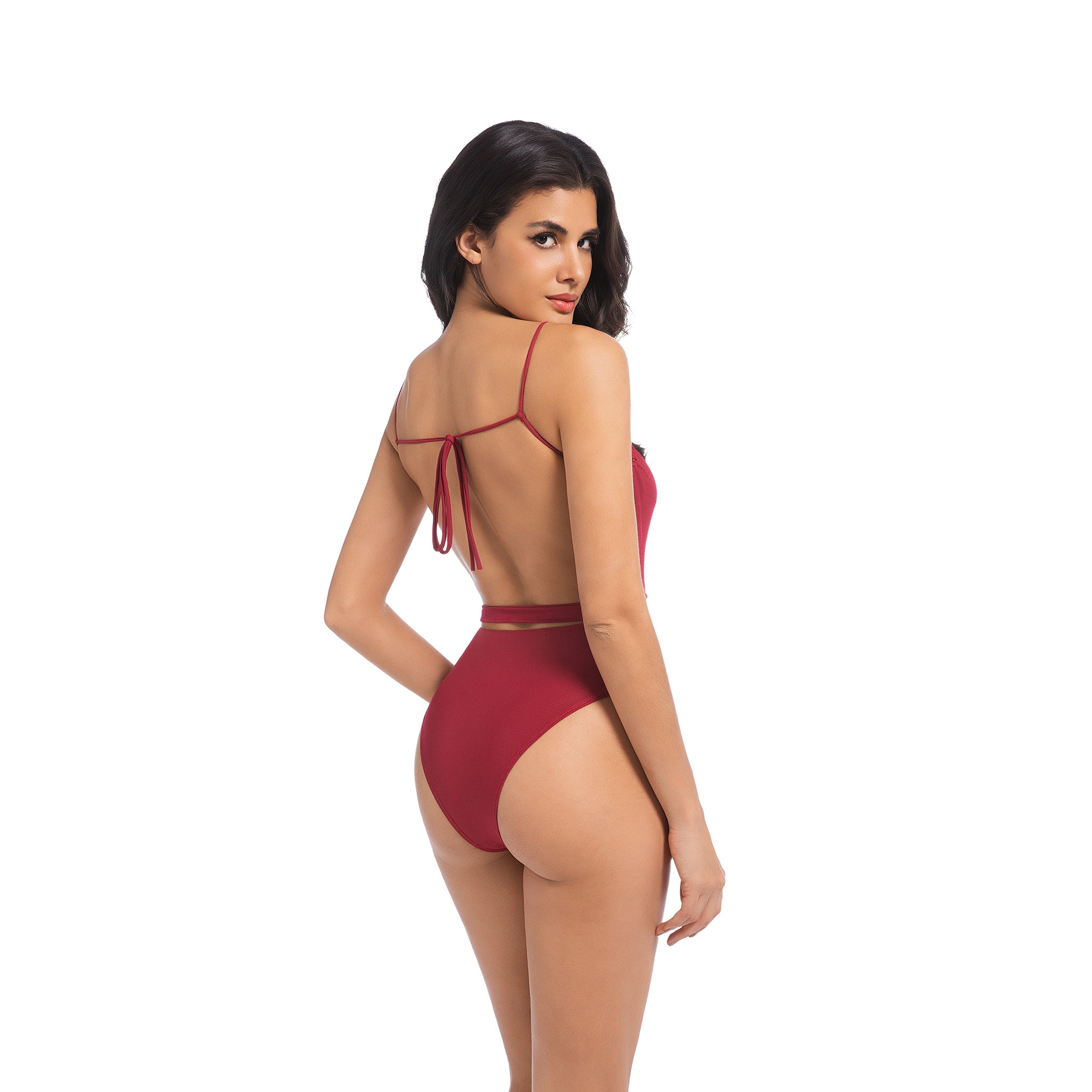 Women's Cherry Red Tan Through One Piece Swimsuit - Waist Tie Cinched Bathing Suit - Minimise Tan Lines UV Permeable Woman Lace-up Back Ribbed Swimwear