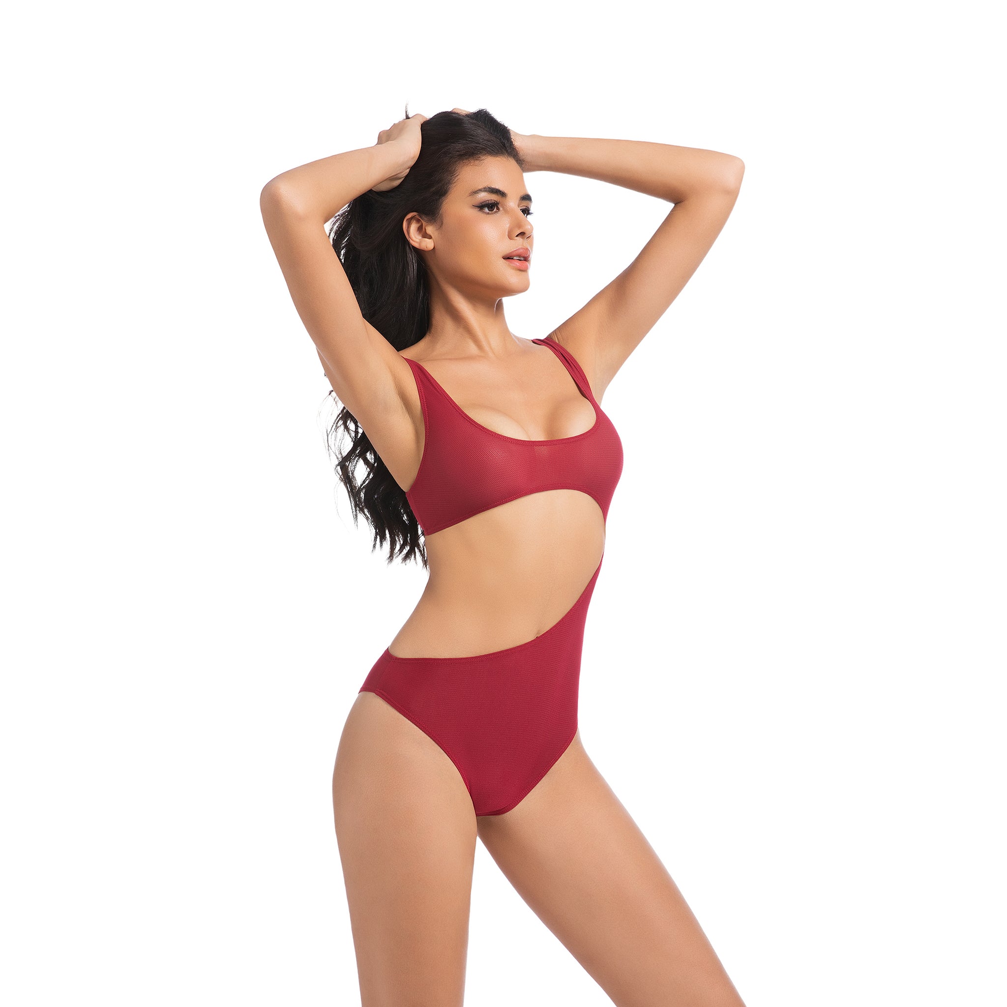 Women's Cherry Red Tan Through One Piece Swimsuit - Asymmetrical Side Cutout Bathing Suit - Minimise Tan Lines UV Permeable Woman Ribbed Tie-Back High Cut Swimwear