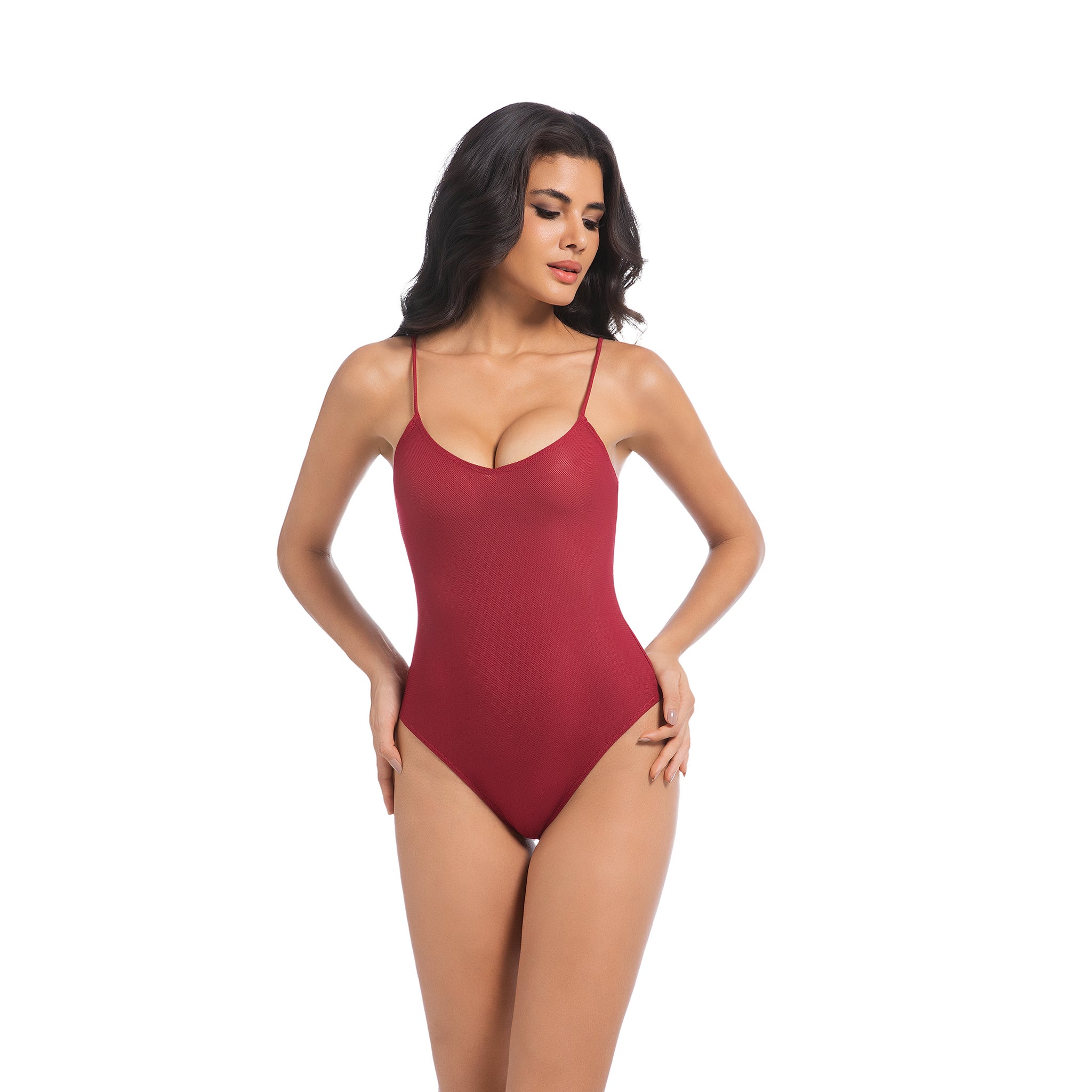 Women's Cherry Red Tan Through One Piece Swimsuit - V-Neck Ribbed Bathing Suit - Minimise Tan Lines UV Permeable Woman High Cut Sleek Swimwear