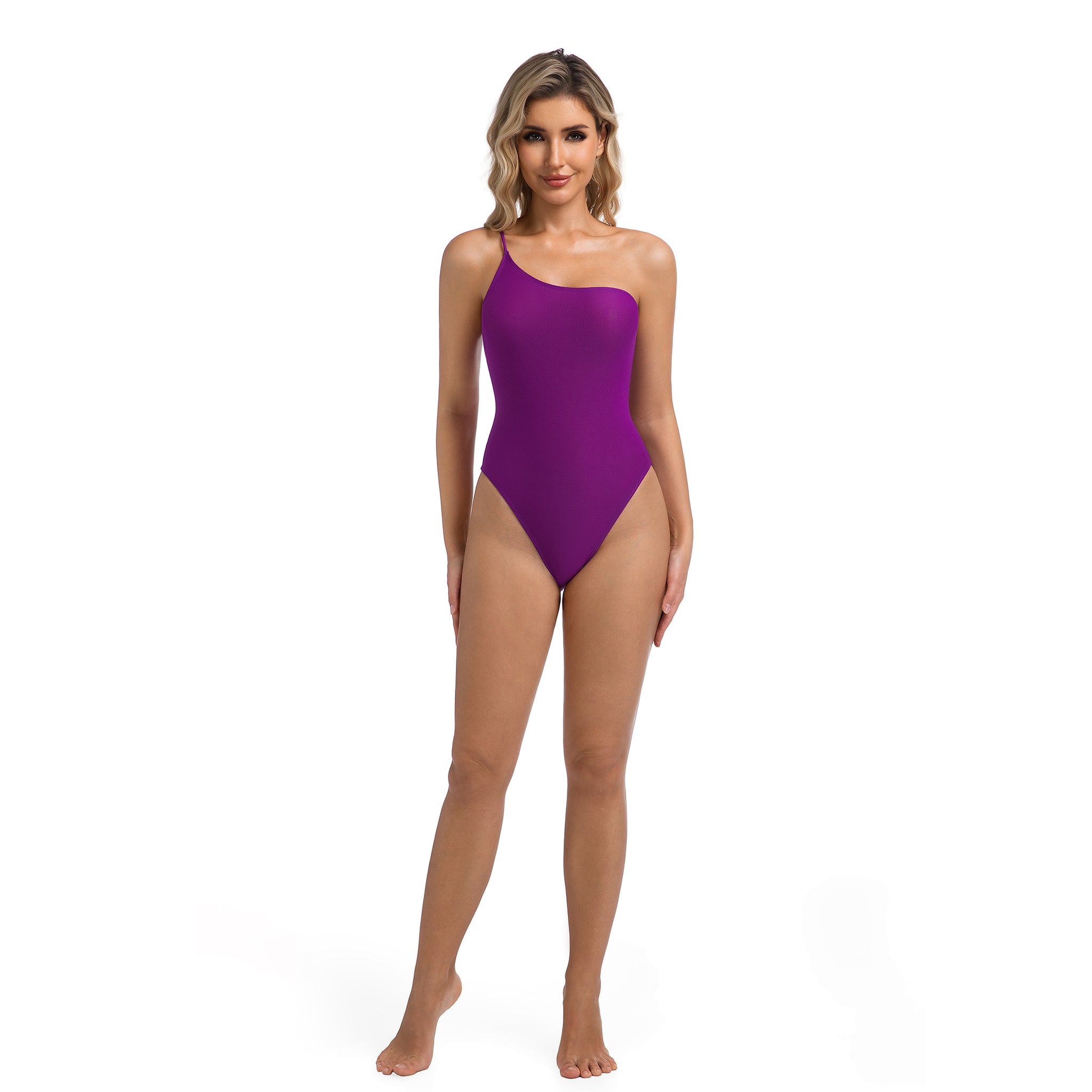 Minimise Tan Lines Tan Through One-Piece Swimsuit for Women Violet One Shoulder - High Leg Cut Ribbed Monokini - Female Asymmetric Contemporary Bodycon Bathing Suit Woman's Resort Wear