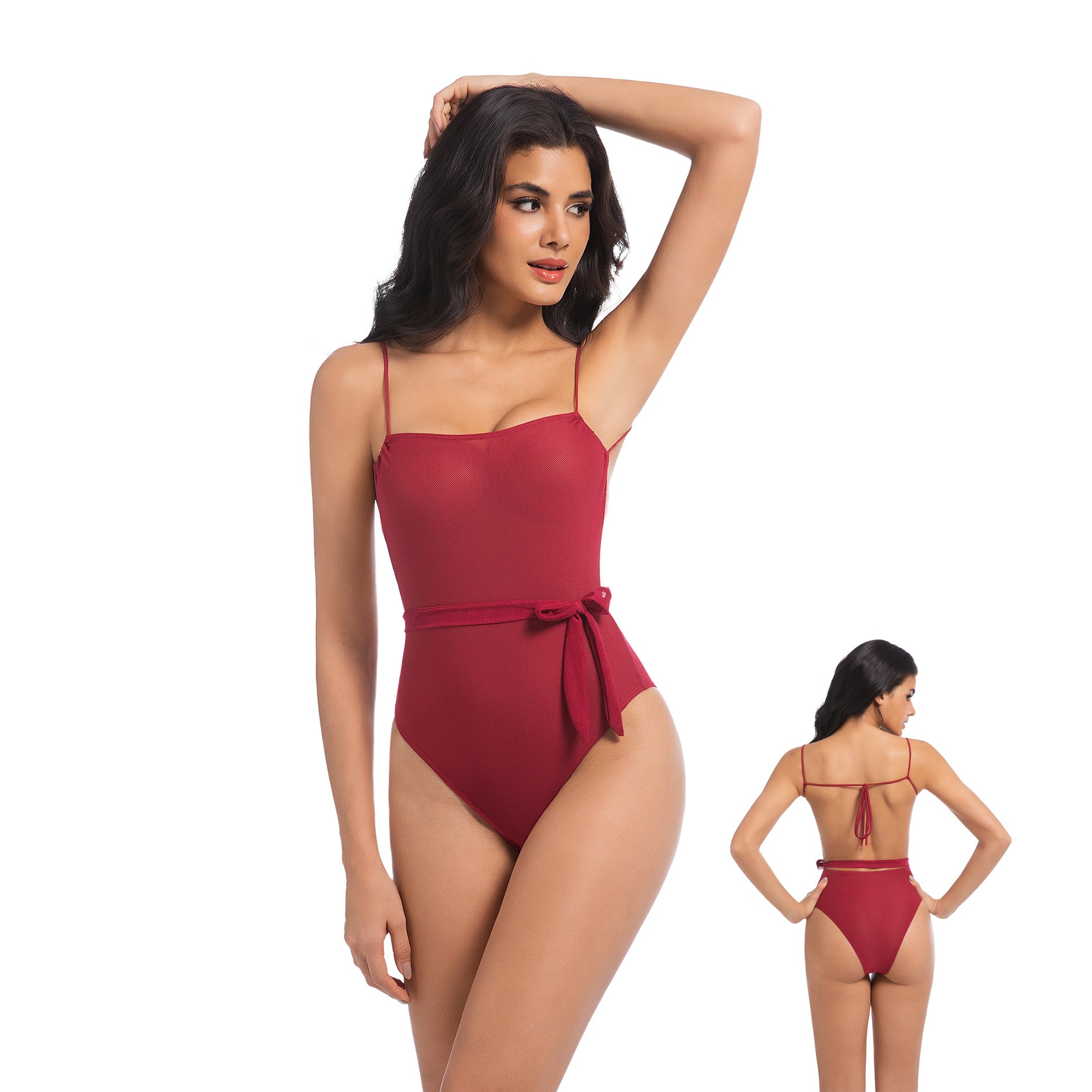 Women's Cherry Red Tan Through One Piece Swimsuit - Waist Tie Cinched Bathing Suit - Minimise Tan Lines UV Permeable Woman Lace-up Back Ribbed Swimwear