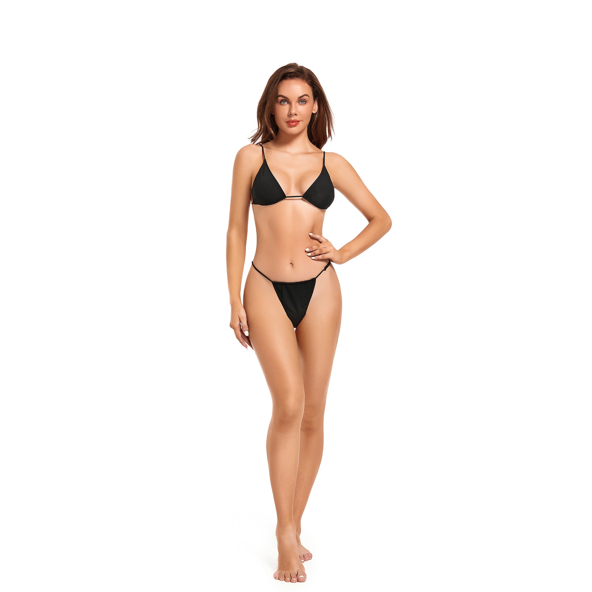 Tan Through Bikini Set - Minimise Tan Lines UV-Permeable Swimsuit - Two Piece Adjustable Waistband Spaghetti Strap Bathing Suit, Onyx Black