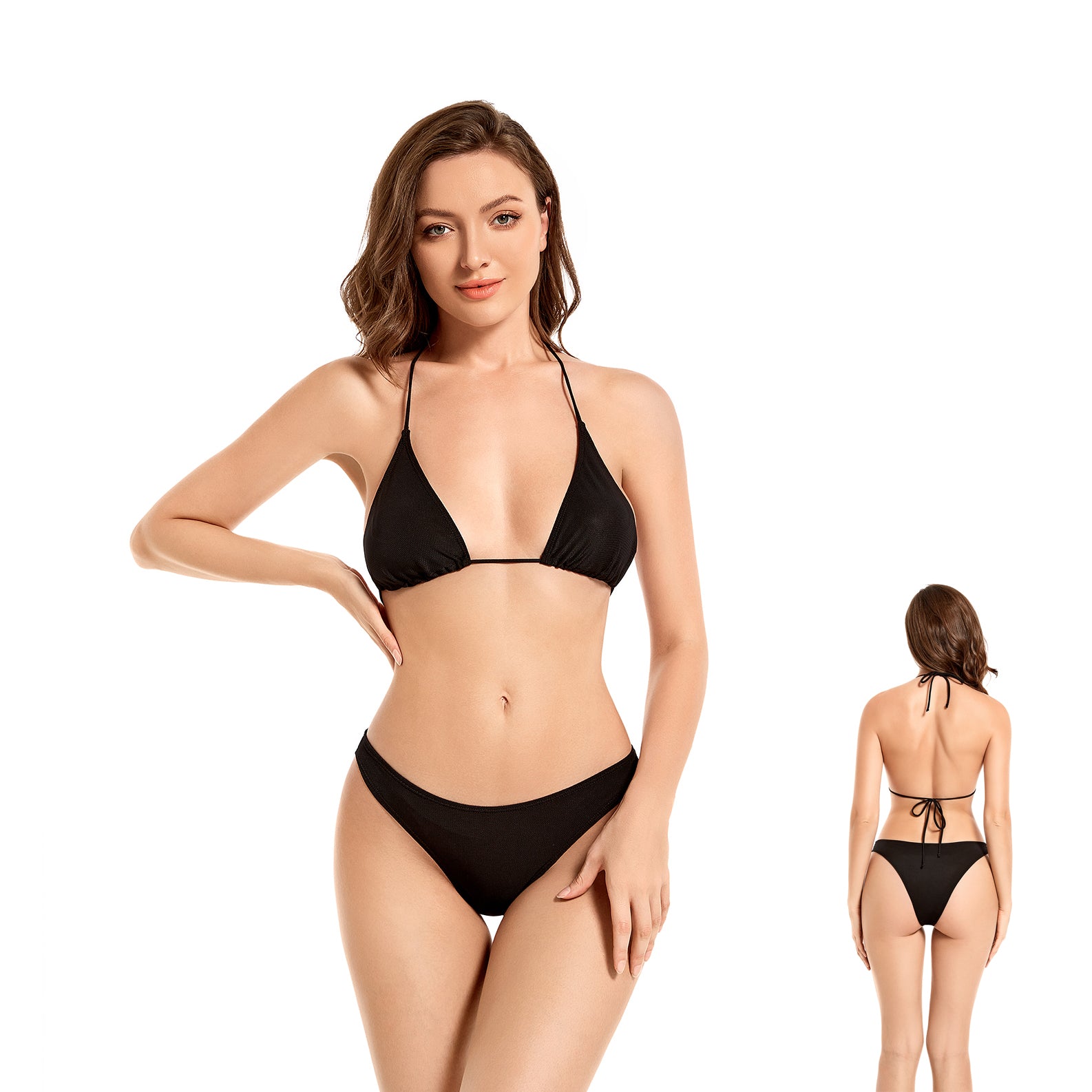 Minimise Tan Lines Tan Through Bikini - Sun Permeable Two Piece Swimsuit - Halter Neck Triangle Fixed Bottom Bathing Suit, Onyx Black