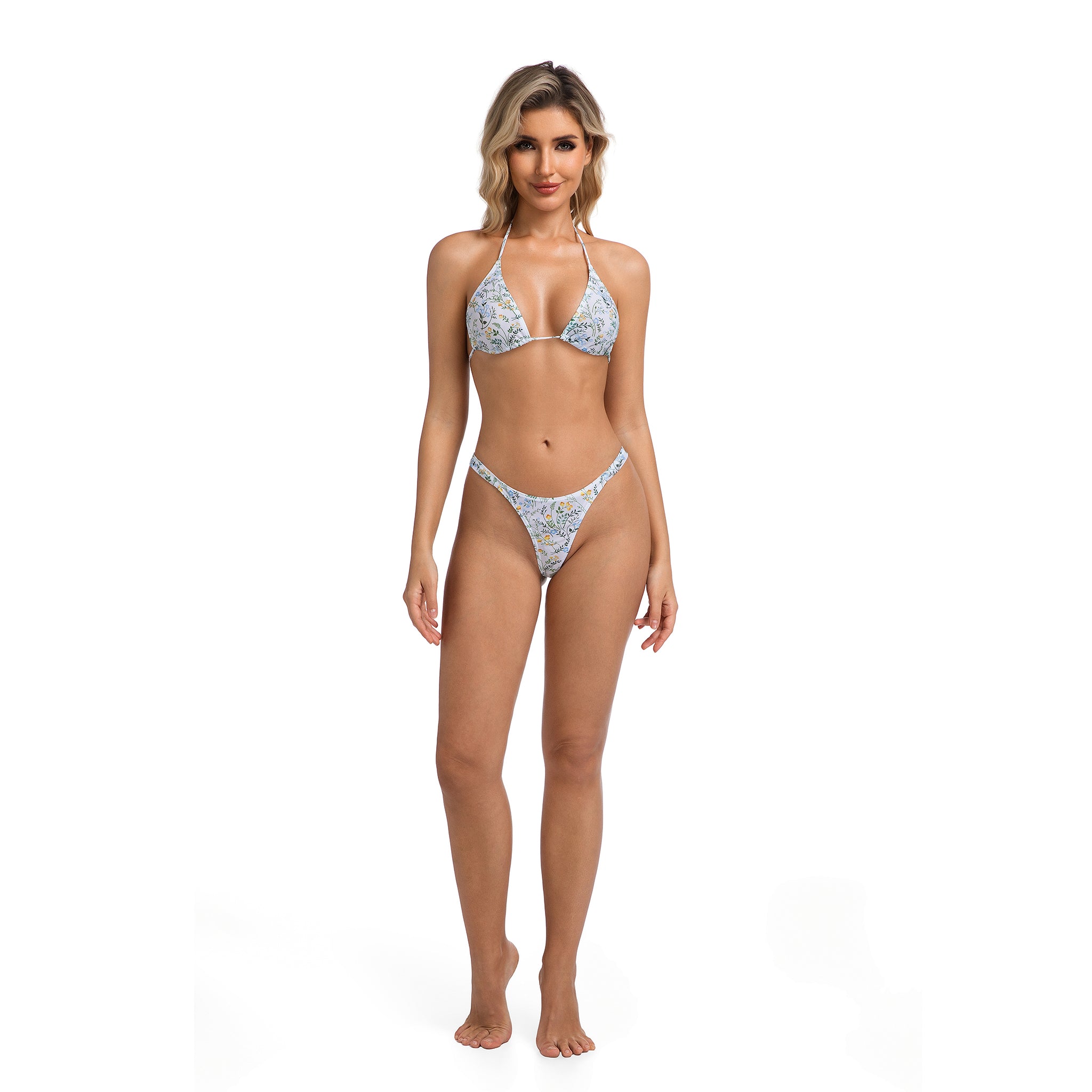 High Leg Thong Female Bathing Suit - Minimise Tan Lines Tan Through Patterned Two Piece Swimsuit for Women - Ribbed Triangle Halter Wildflower Bikini Set Woman's Holiday Beachwear