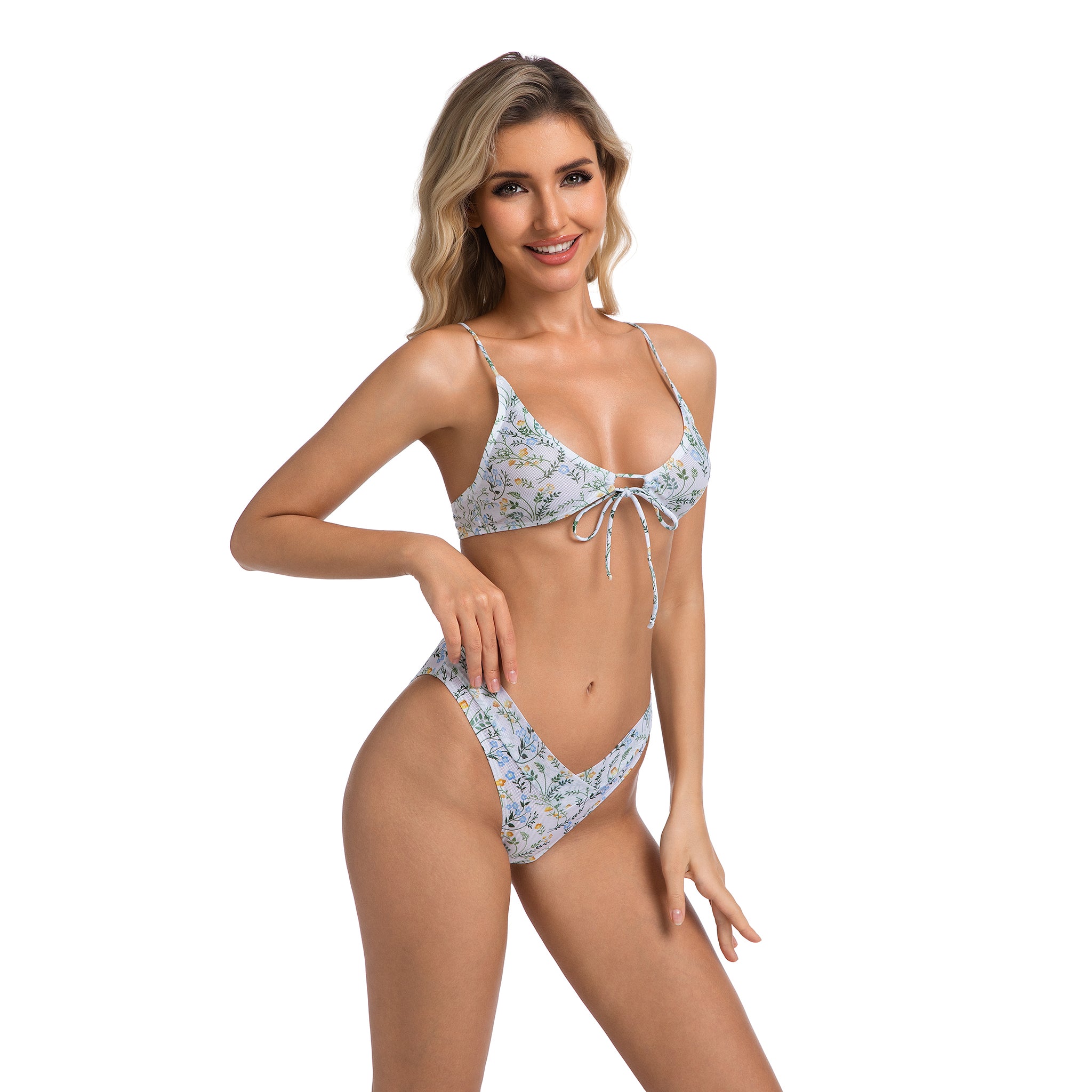 Bikini Set for Women Scoop Neck Front Tie Two Piece - Ribbed Wildflower Patterned Ultra High Leg V-Front Swimsuit - Tan Through Minimise Tan Lines Female Bathing Suit Woman's Beachwear
