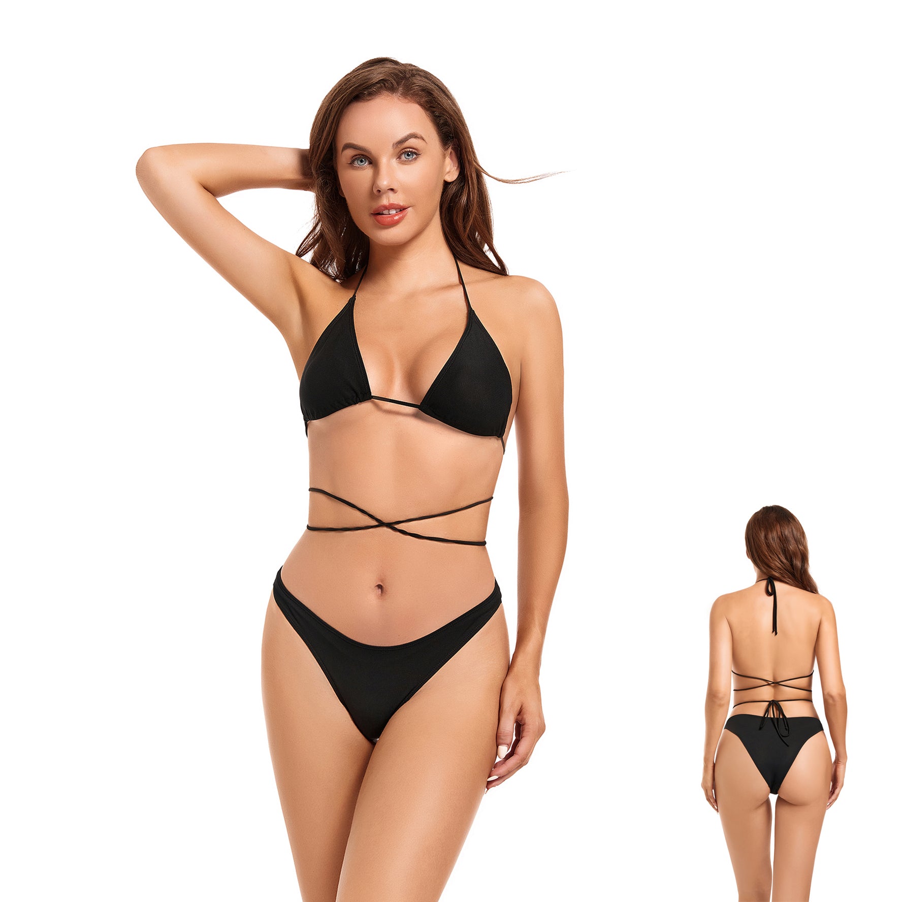 Tan Through Bikini Set Minimise Tan Lines - Sun Permeable Two Piece Swimsuit - Wrap Around Halter Neck Fixed Bottom Bathing Suit, Onyx Black