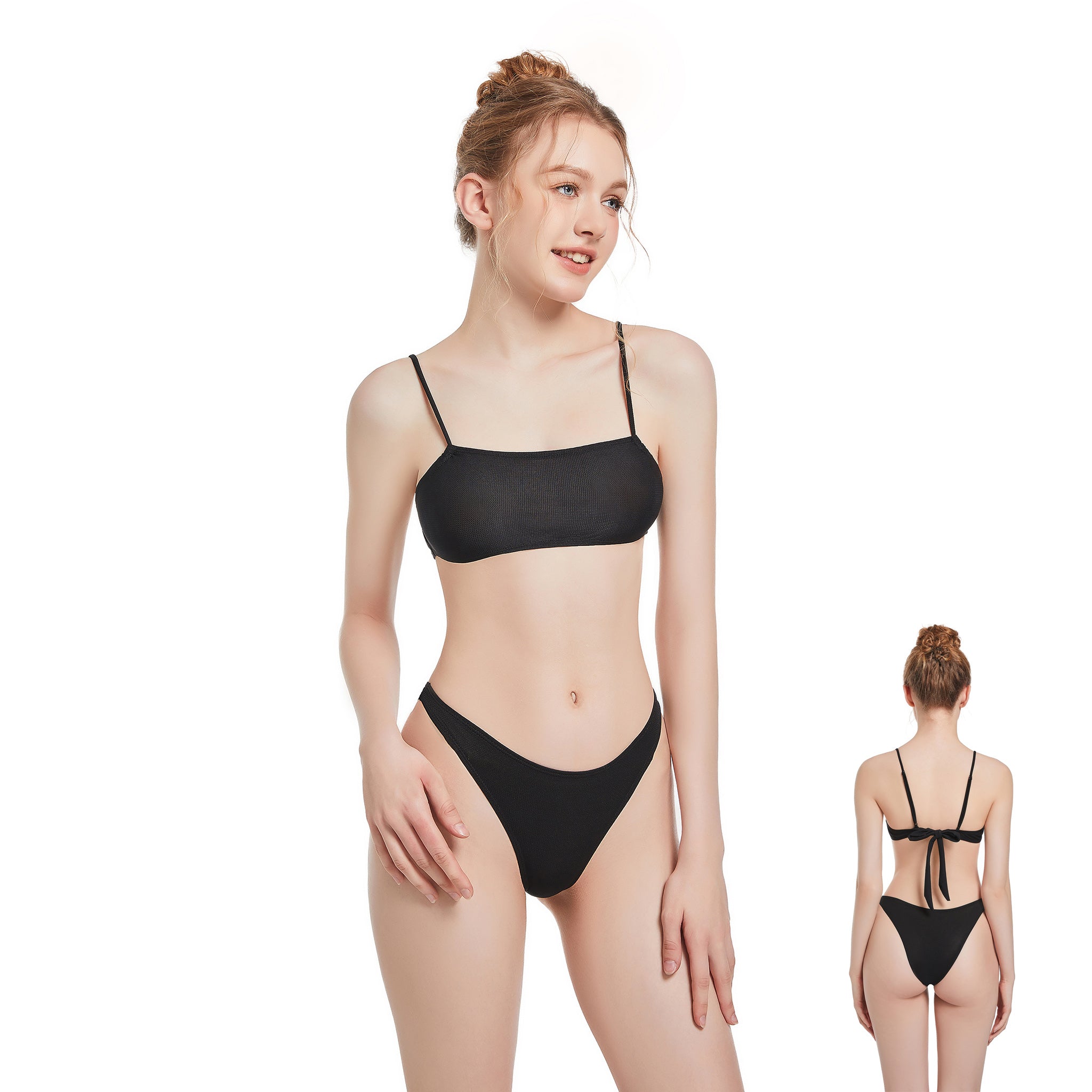 Minimise Tan Lines Tan Through Bikini - Sun Permeable Two Piece Swimsuit - Back Bow Tie Spaghetti Strap Fixed Bottom Bathing Suit, Onyx Black
