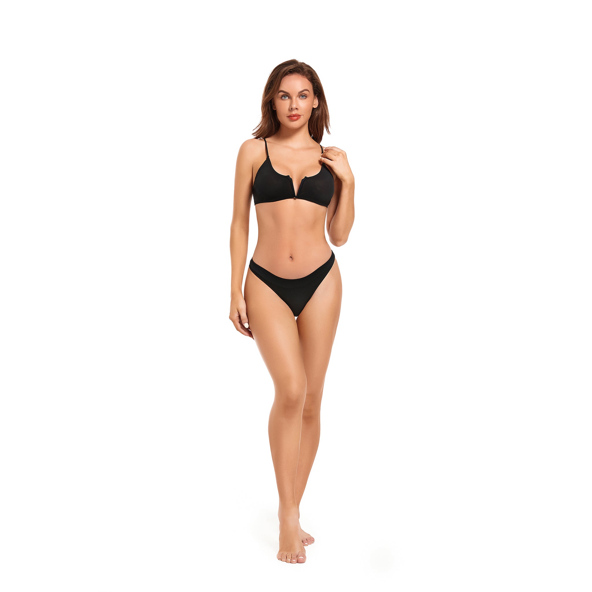 V-Slit Tan Through Bikini Set - Minimise Tan Lines UV-Permeable Swimsuit - Two Piece Plunge Spaghetti Strap Fixed Bottom Bathing Suit, Onyx Black