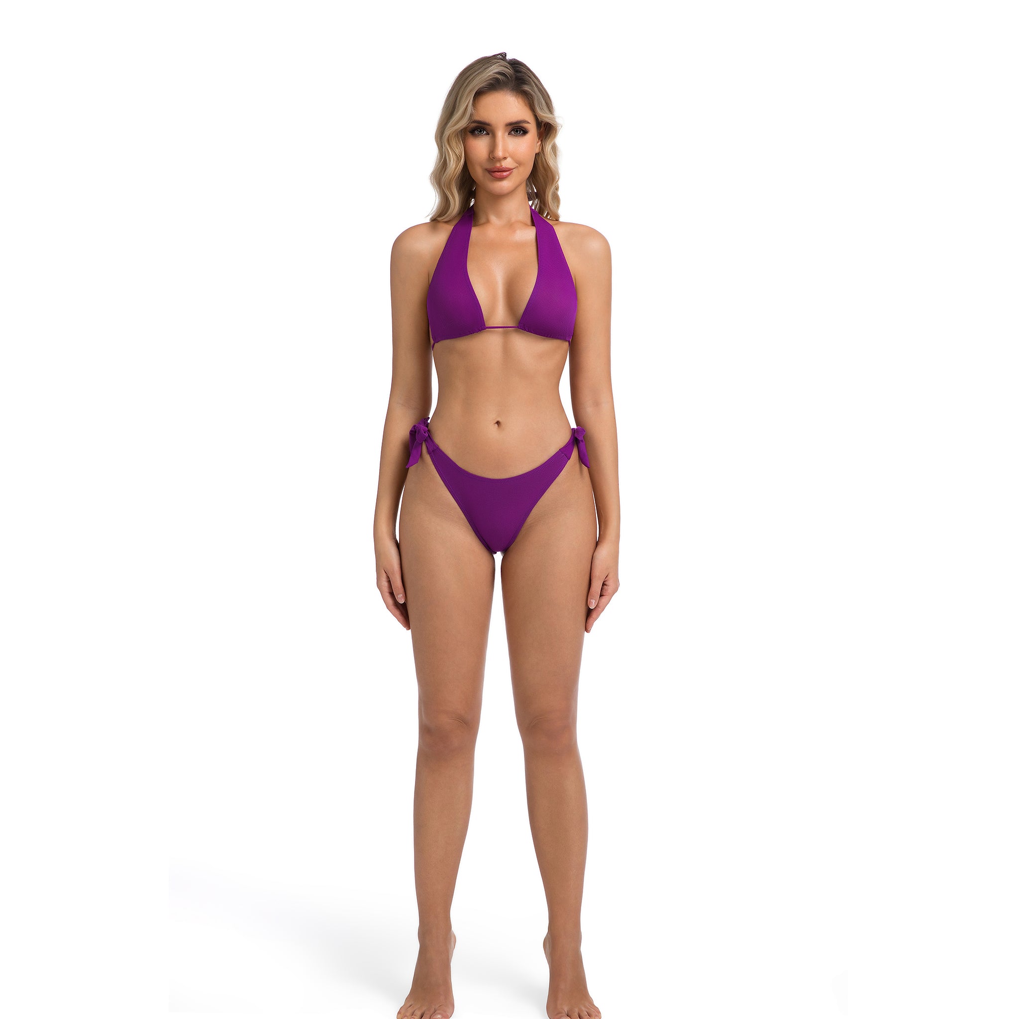Solid Purple Bikini Set for Women Violet - Halter Triangle Top Side Tie Cheeky Bottom - Textured Ribbed Female Two Piece Bathing Suit Tan Through Minimise Tan Lines Woman's Beachwear