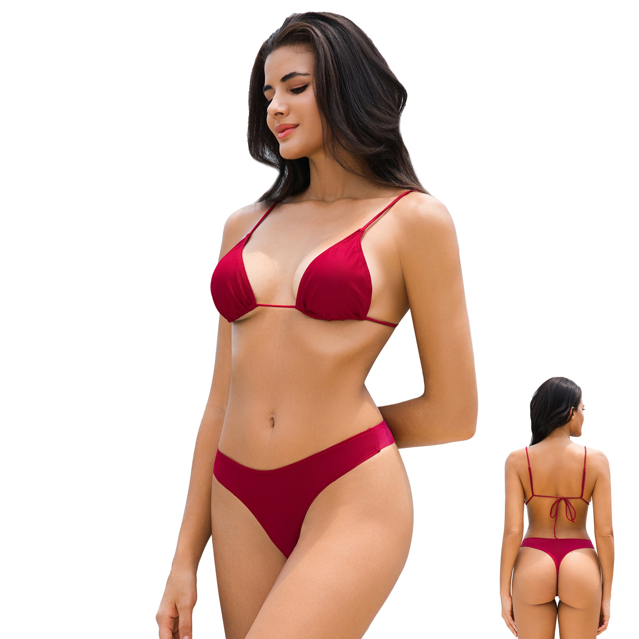 Women's Cherry Red Tan Through Bikini Set - Triangle Ribbed 2-Piece Swimwear - Minimise Tan Lines UV Permeable Woman High Cut Thong Bathing Suit
