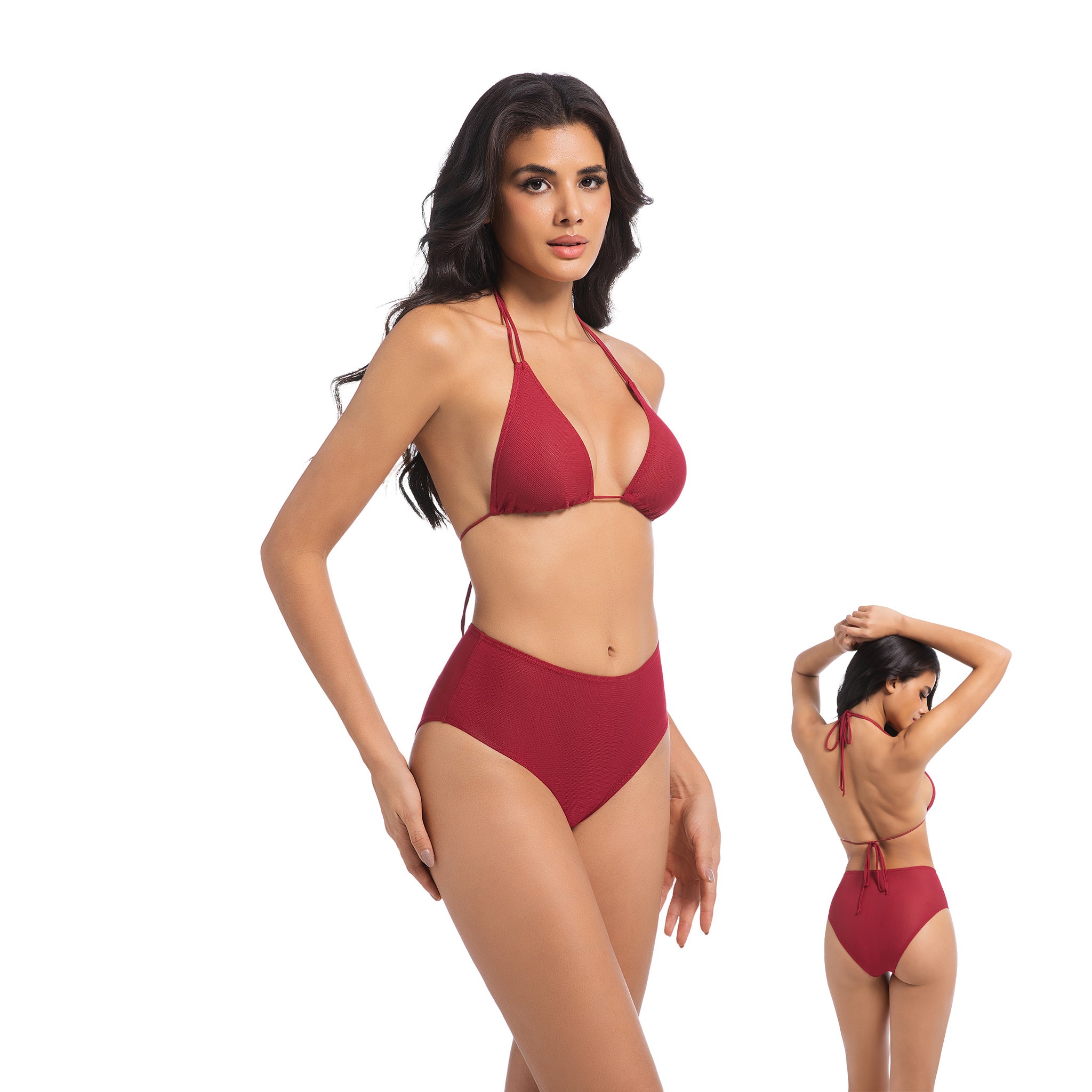 Women's Cherry Red Tan Through Bikini Set - Double Strap Halter 2-Piece Swimwear - Minimise Tan Lines UV Permeable Woman Ribbed High Waisted Bathing Suit