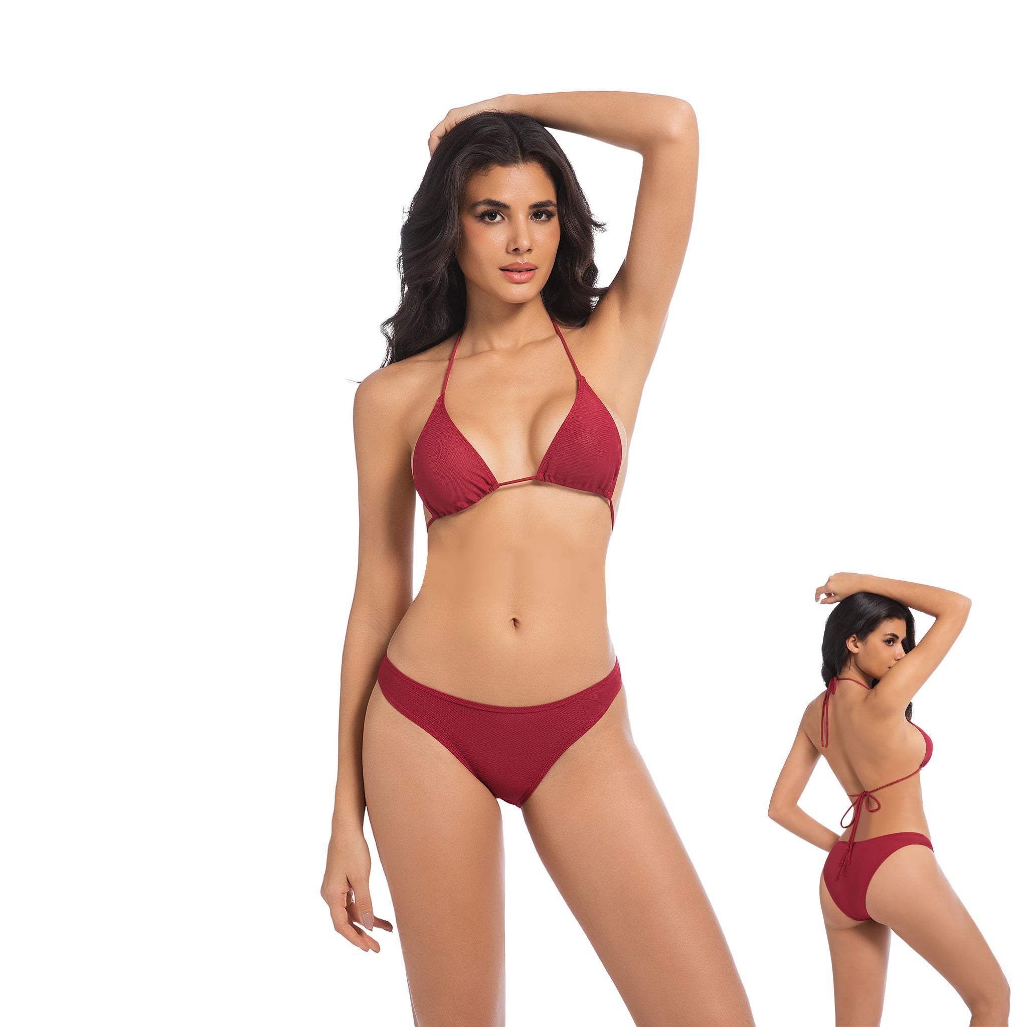 Women's Cherry Red Tan Through Bikini Set - Triangle Halter 2-Piece Swimwear - Minimise Tan Lines UV Permeable Woman Ribbed Minimal High Cut Bathing Suit