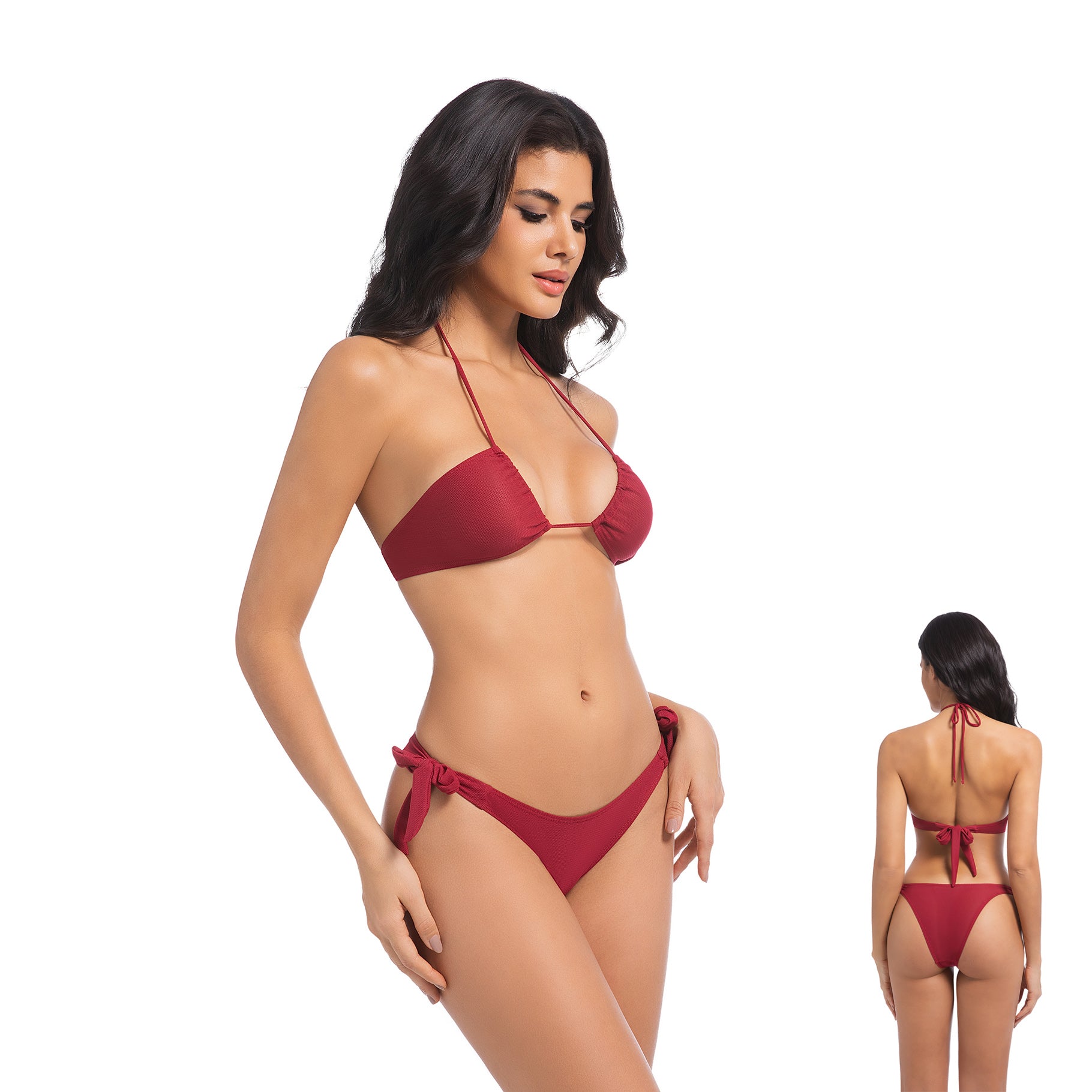Women's Cherry Red Tan Through Bikini Set - Ruched Halter 2-Piece Swimwear - Minimise Tan Lines UV Permeable Woman Ribbed Side Tie Bow Bathing Suit