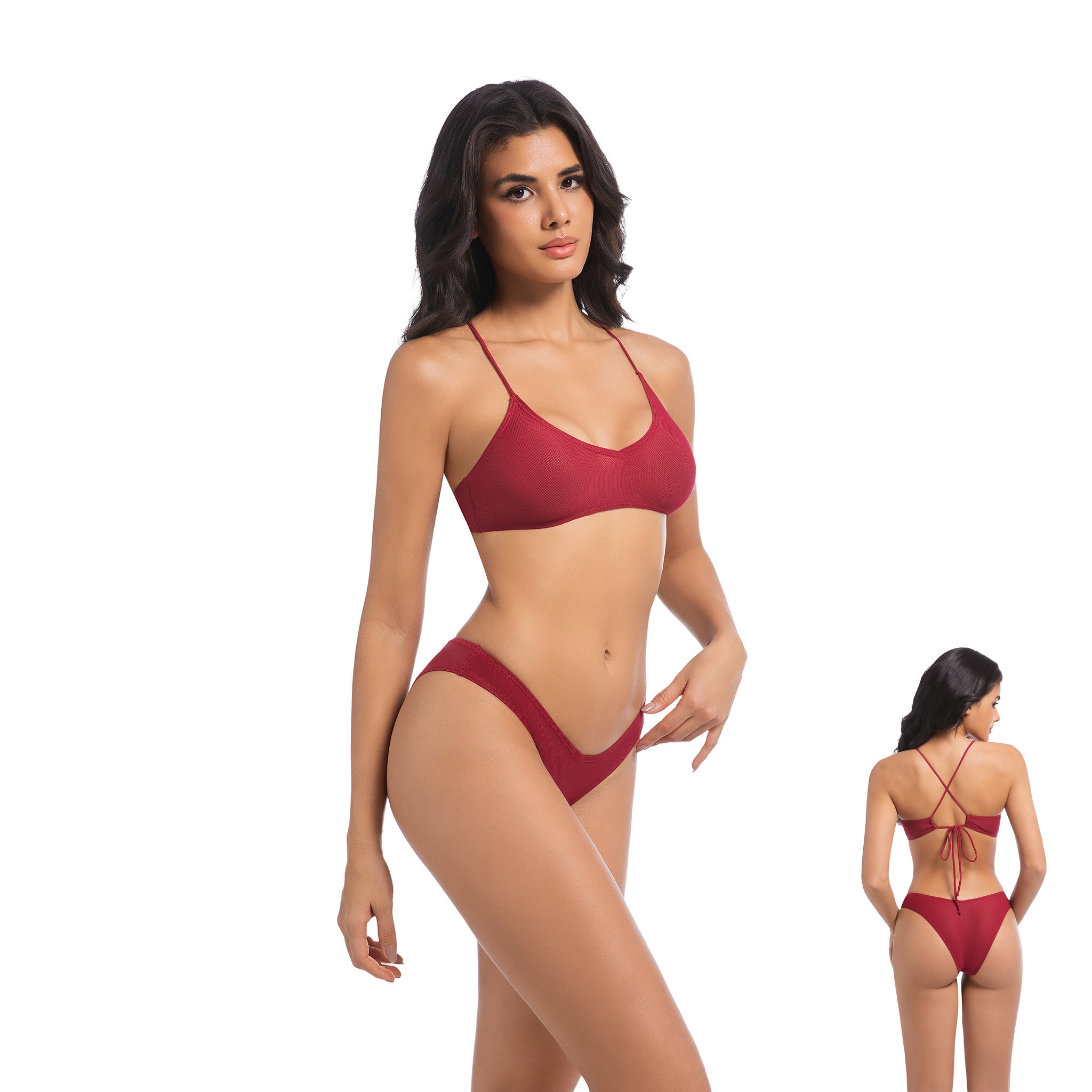 Women's Cherry Red Tan Through Bikini Set - Crisscross Back V-Neck 2-Piece Swimwear - Minimise Tan Lines UV Permeable Woman Ribbed V-Front High Cut Bathing Suit